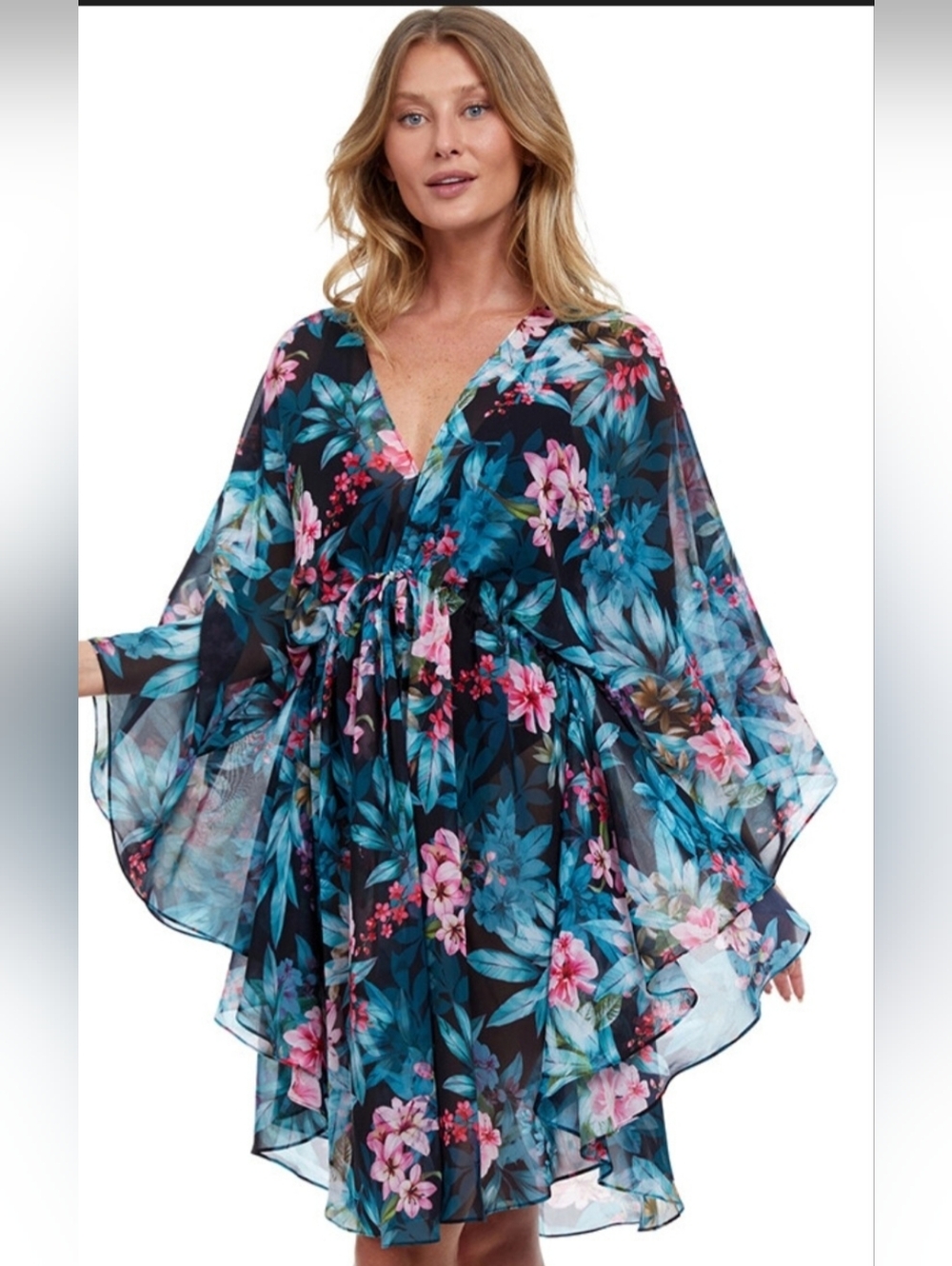 Gottex Gold-Embroidered Swim Cover with Turquoise & Pink Print